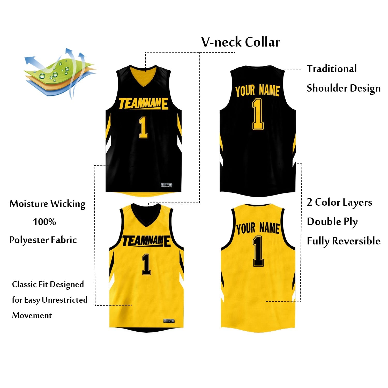 Custom Black Yellow  Double Side Tops Athletic Basketball Jersey