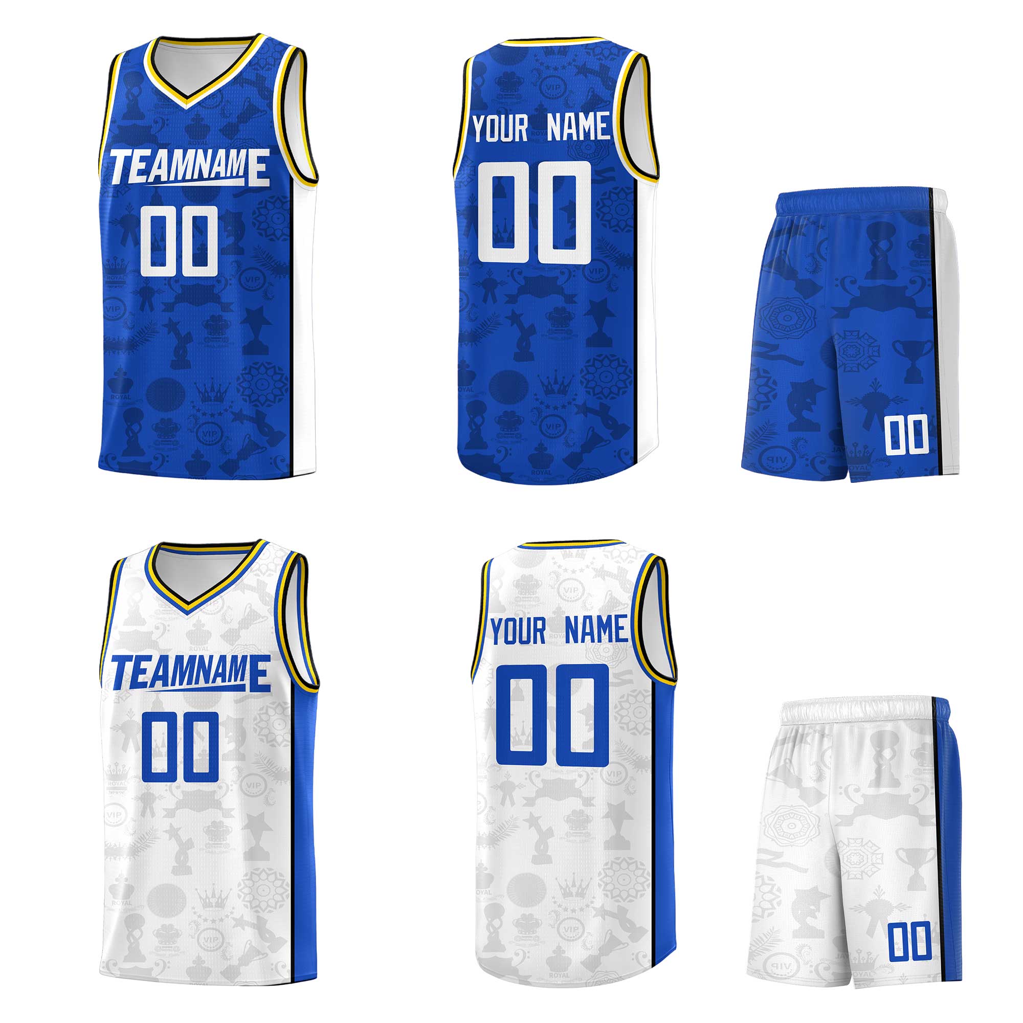 Custom White Royal-Yellow Double Side Sets Basketball Jersey