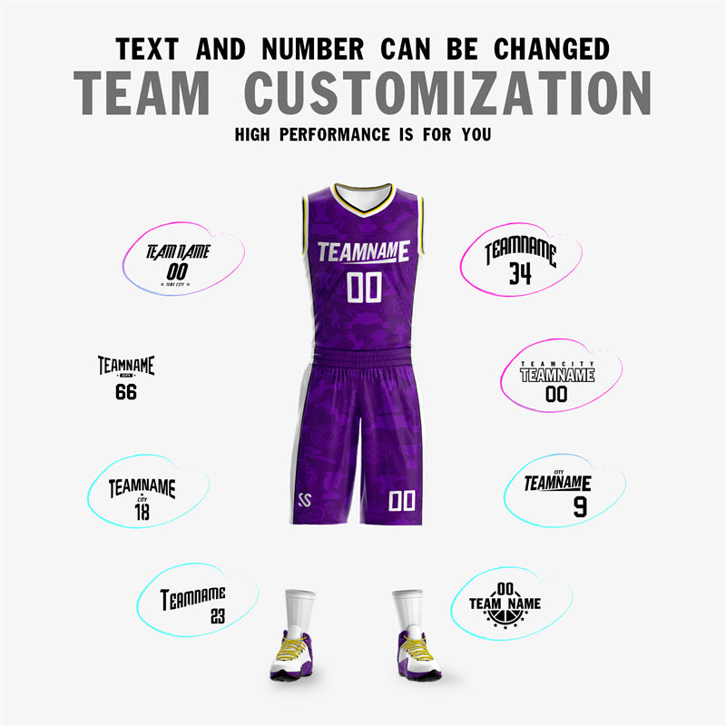 Custom Purple White-Yellow Double Side Sets Basketball Jersey