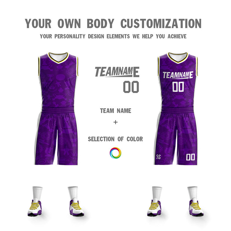 Custom Purple White-Yellow Double Side Sets Basketball Jersey