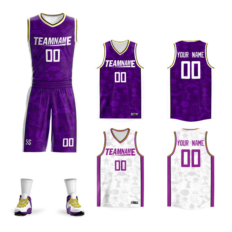 Custom Purple White-Yellow Double Side Sets Basketball Jersey