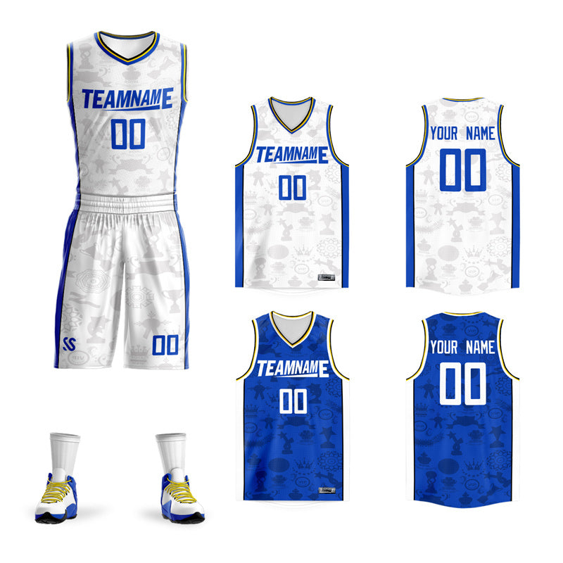 Custom White Royal-Yellow Double Side Sets Basketball Jersey