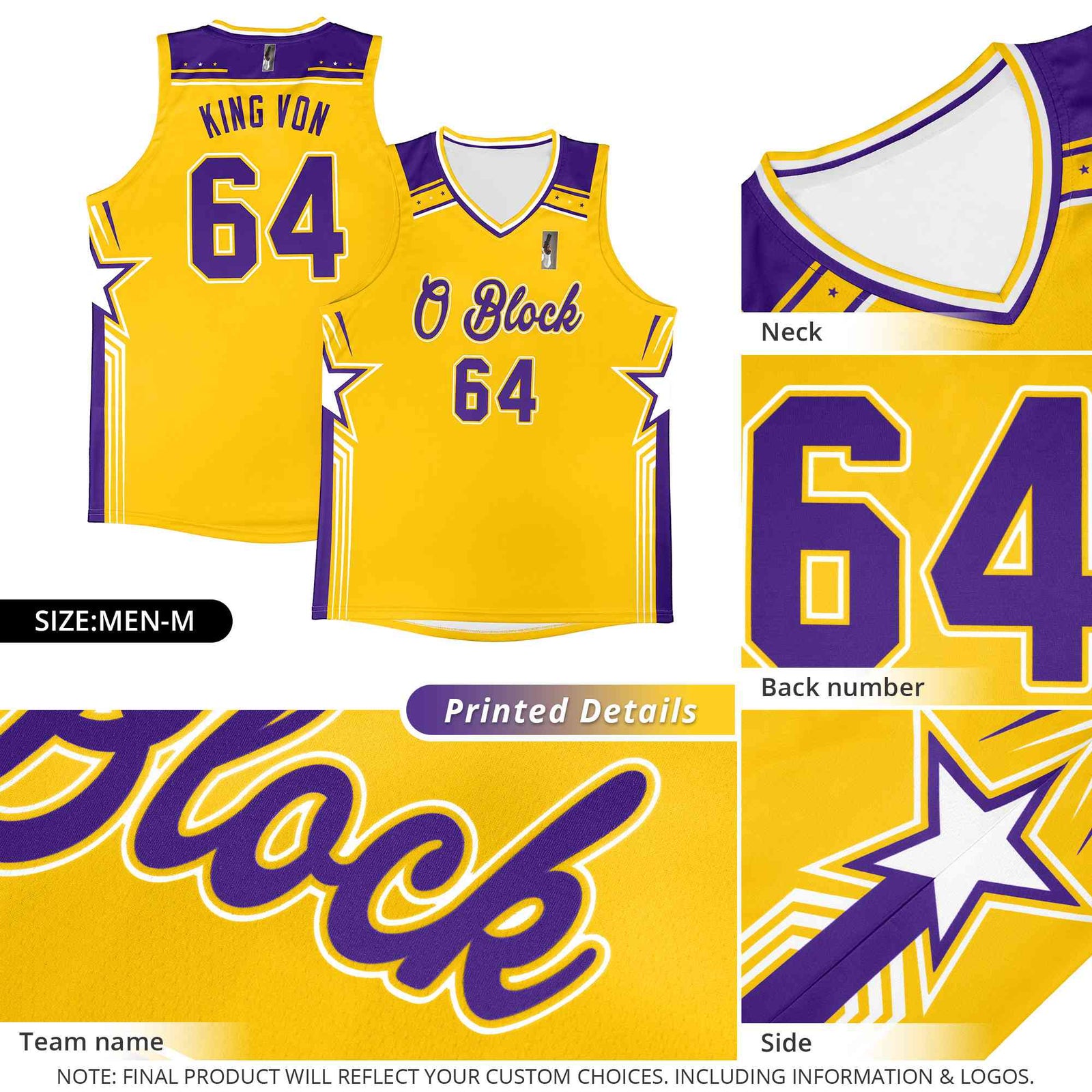 Custom Gold Royal Star Graffiti Pattern Sports Uniform Basketball Jersey