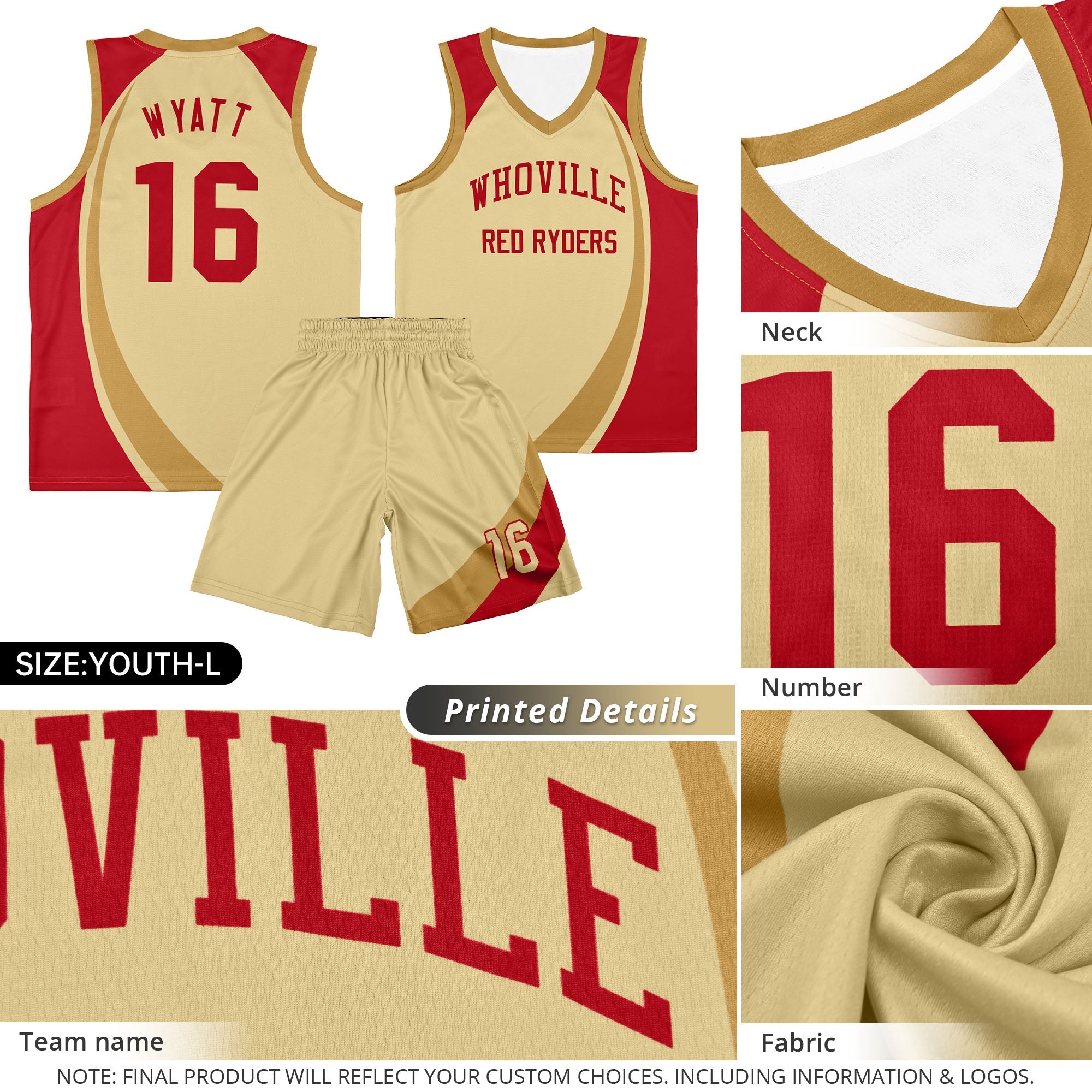 Custom Khaki Old Gold-Red Color Block Sports Uniform Basketball Jersey