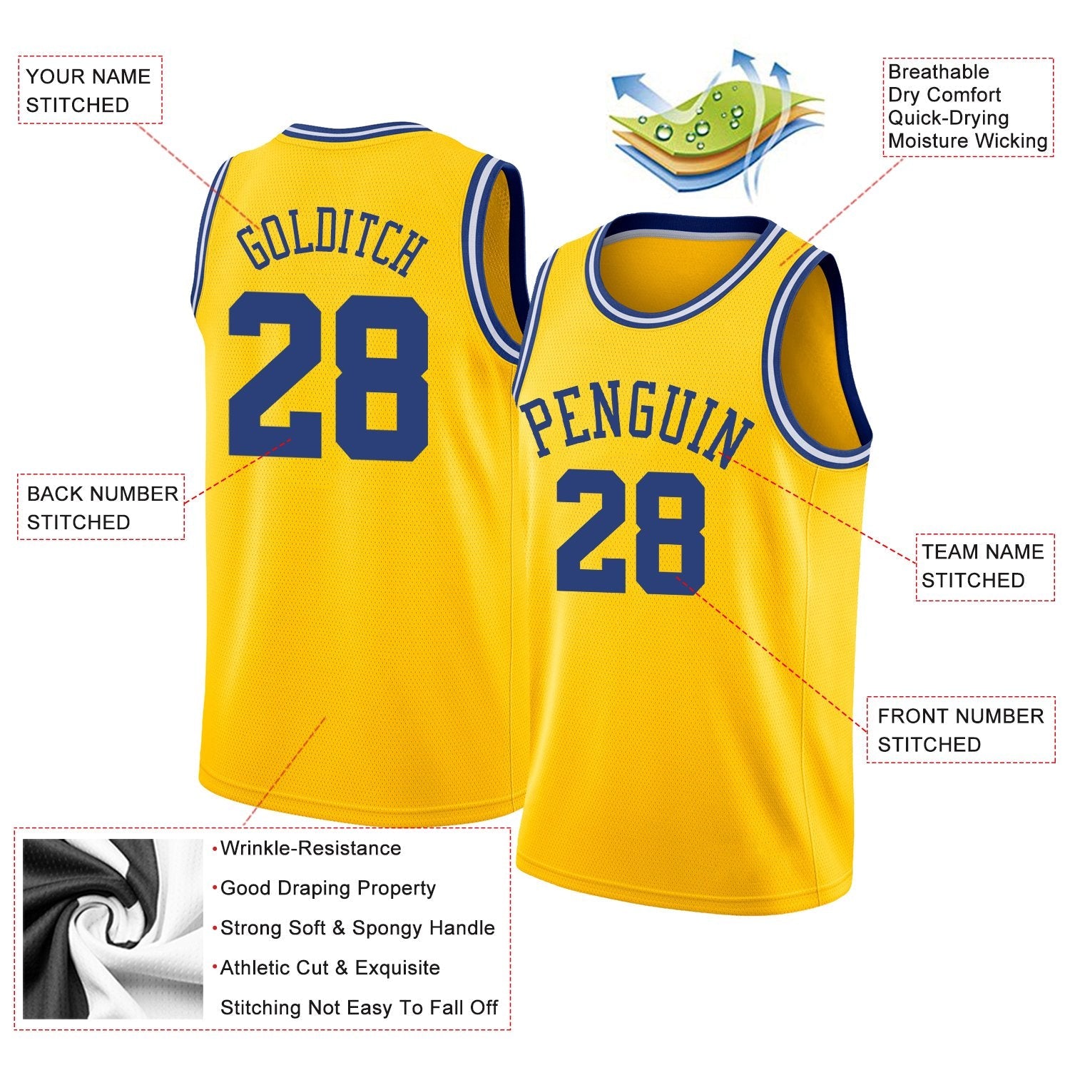 Custom Yellow Royal-White Classic Tops Mesh Sport Basketball Jersey