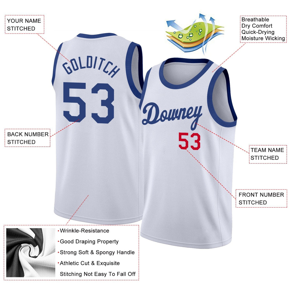 Custom White Royal-Red Classic Tops Men/Boy Basketball Jersey